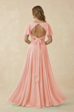 Flutter Sleeve V - Neck Chiffon A - Line Bridesmaid Dress in Rose Petal - SHE IS ME Bridesmaid Dresses