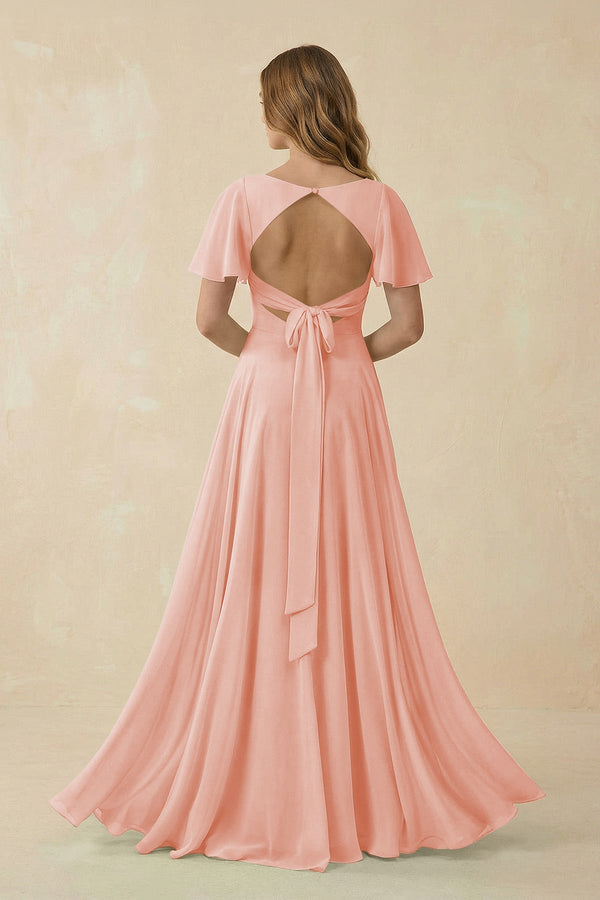 Flutter Sleeve V - Neck Chiffon A - Line Bridesmaid Dress in Rose Petal - SHE IS ME Bridesmaid Dresses