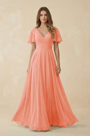Flutter Sleeve V - Neck Chiffon A - Line Bridesmaid Dress in Rosette - SHE IS ME Bridesmaid Dresses