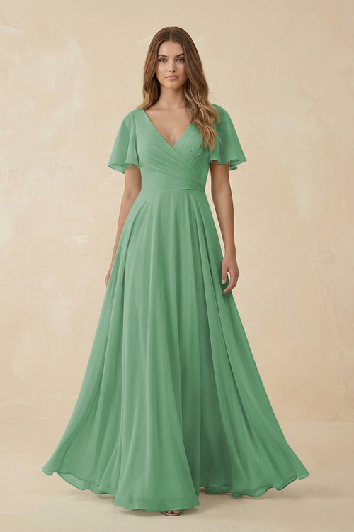 Flutter Sleeve V - Neck Chiffon A - Line Bridesmaid Dress in Sea Glass - SHE IS ME Bridesmaid Dresses