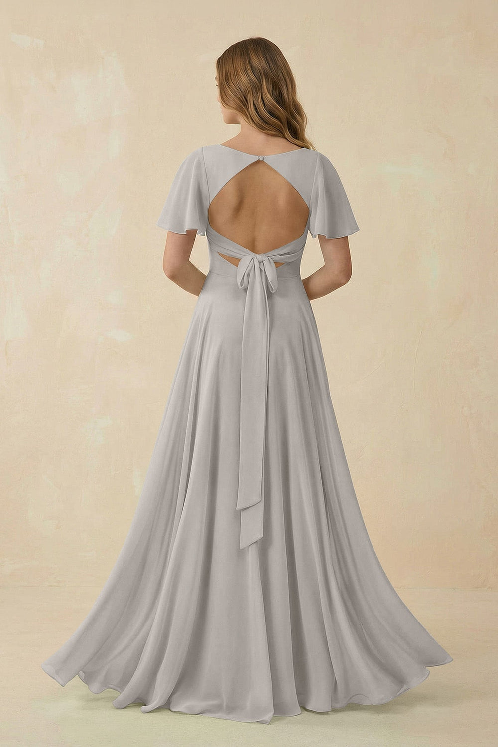 Flutter Sleeve V - Neck Chiffon A - Line Bridesmaid Dress in Silver - SHE IS ME Bridesmaid Dresses
