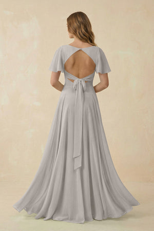 Flutter Sleeve V - Neck Chiffon A - Line Bridesmaid Dress in Silver - SHE IS ME Bridesmaid Dresses