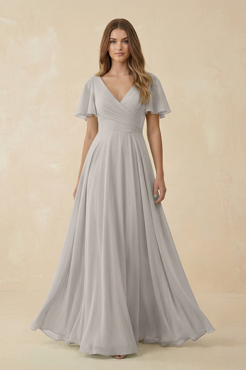 Flutter Sleeve V - Neck Chiffon A - Line Bridesmaid Dress in Silver - SHE IS ME Bridesmaid Dresses