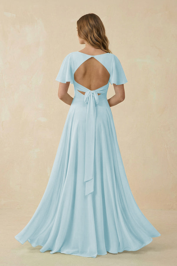 Flutter Sleeve V - Neck Chiffon A - Line Bridesmaid Dress in Sky Blue - SHE IS ME Bridesmaid Dresses