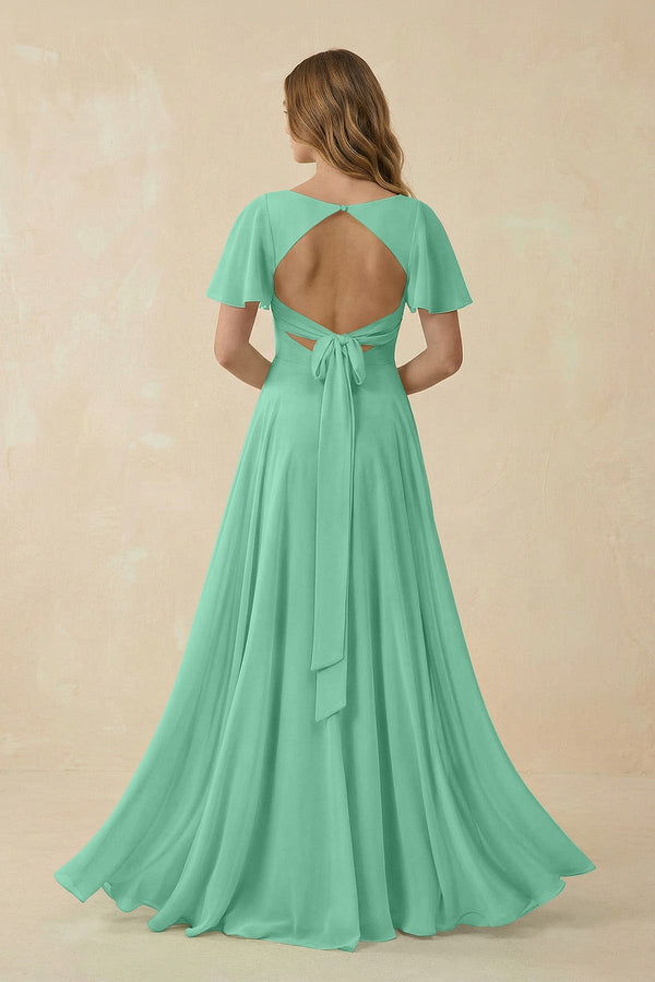 Flutter Sleeve V - Neck Chiffon A - Line Bridesmaid Dress in Turquoise - SHE IS ME Bridesmaid Dresses