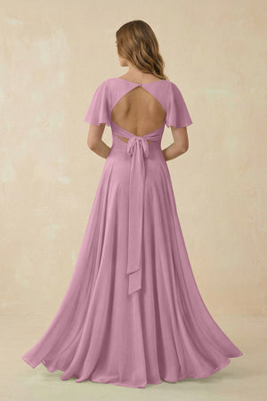 Flutter Sleeve V - Neck Chiffon A - Line Bridesmaid Dress in Vintage Mauve - SHE IS ME Bridesmaid Dresses