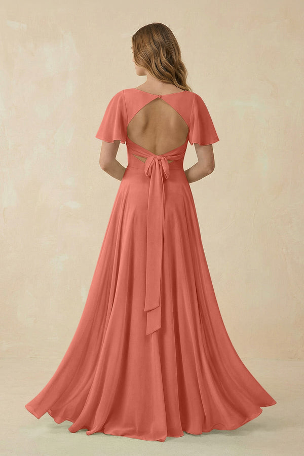 Flutter Sleeve V - Neck Chiffon A - Line Bridesmaid Dress in Wild Rose - SHE IS ME Bridesmaid Dresses