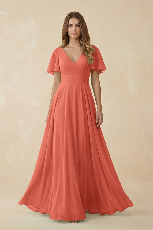 Flutter Sleeve V - Neck Chiffon A - Line Bridesmaid Dress in Wild Rose - SHE IS ME Bridesmaid Dresses