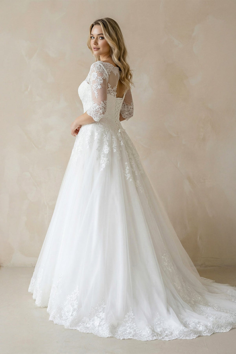 Half Sleeve Lace Ball Gown Wedding Dress with Appliques - SHE IS ME Wedding Dresses
