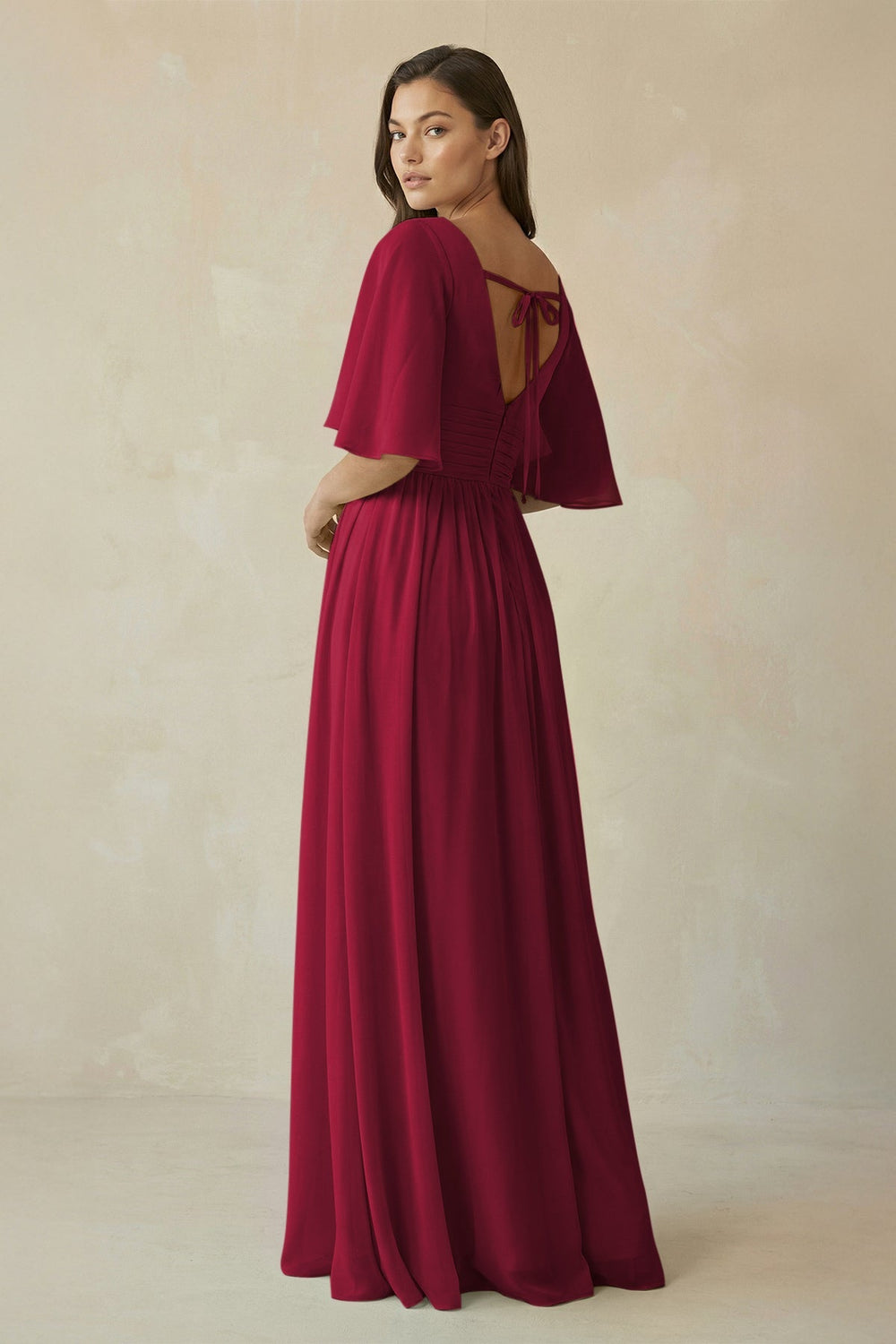 Half Sleeve V - Neck A - Line Chiffon Bridesmaid Gown in Berry - SHE IS ME Bridesmaid Dresses