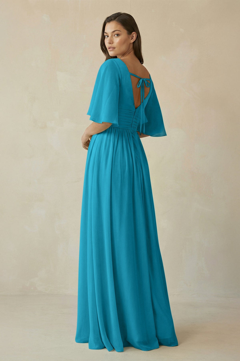 Half Sleeve V - Neck A - Line Chiffon Bridesmaid Gown in Blue Jay - SHE IS ME Bridesmaid Dresses