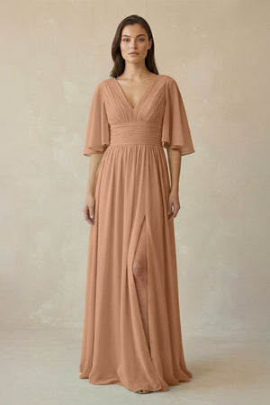 Half Sleeve V - Neck A - Line Chiffon Bridesmaid Gown in Bronzer - SHE IS ME Bridesmaid Dresses