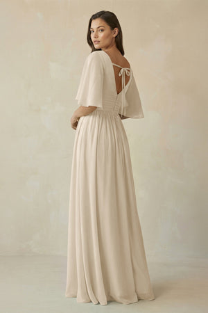 Half Sleeve V - Neck A - Line Chiffon Bridesmaid Gown in Champagne - SHE IS ME Bridesmaid Dresses