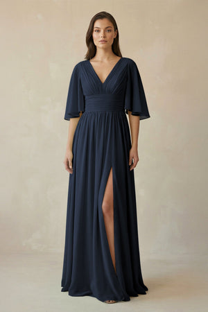 Half Sleeve V - Neck A - Line Chiffon Bridesmaid Gown in Dark Navy - SHE IS ME Bridesmaid Dresses