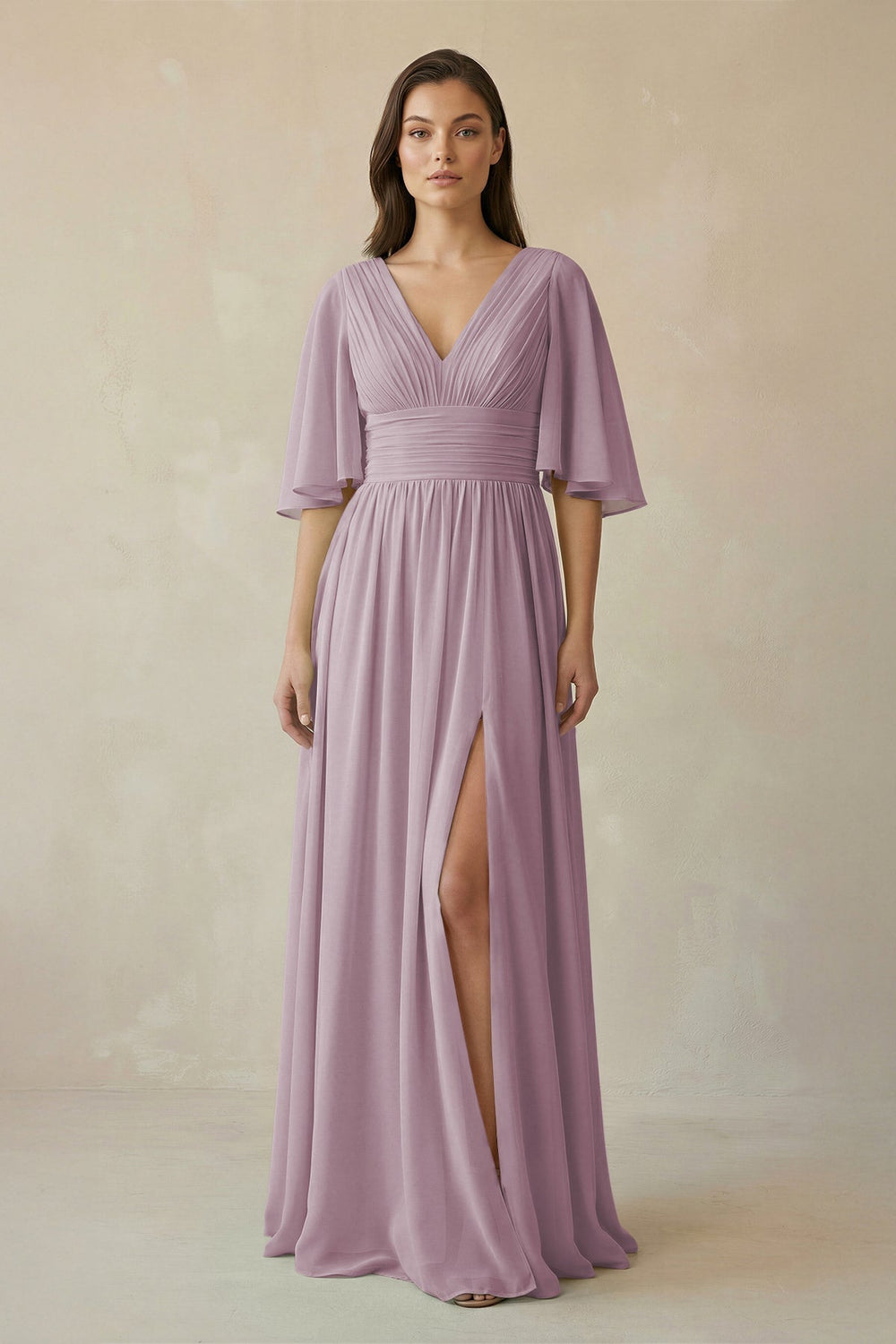 Half Sleeve V - Neck A - Line Chiffon Bridesmaid Gown in Dusk - SHE IS ME Bridesmaid Dresses