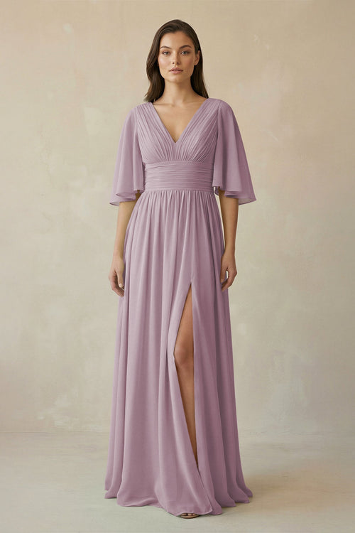 Half Sleeve V - Neck A - Line Chiffon Bridesmaid Gown in Dusk - SHE IS ME Bridesmaid Dresses