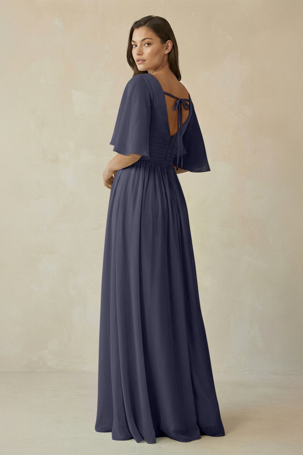 Half Sleeve V - Neck A - Line Chiffon Bridesmaid Gown in Dusk Blue - SHE IS ME Bridesmaid Dresses