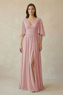 Half Sleeve V - Neck A - Line Chiffon Bridesmaid Gown in Dusty Rose - SHE IS ME Bridesmaid Dresses