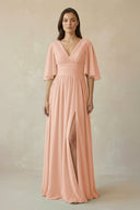 Half Sleeve V - Neck A - Line Chiffon Bridesmaid Gown in English Rose - SHE IS ME Bridesmaid Dresses