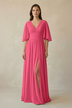 Half Sleeve V - Neck A - Line Chiffon Bridesmaid Gown in Fuchsia - SHE IS ME Bridesmaid Dresses