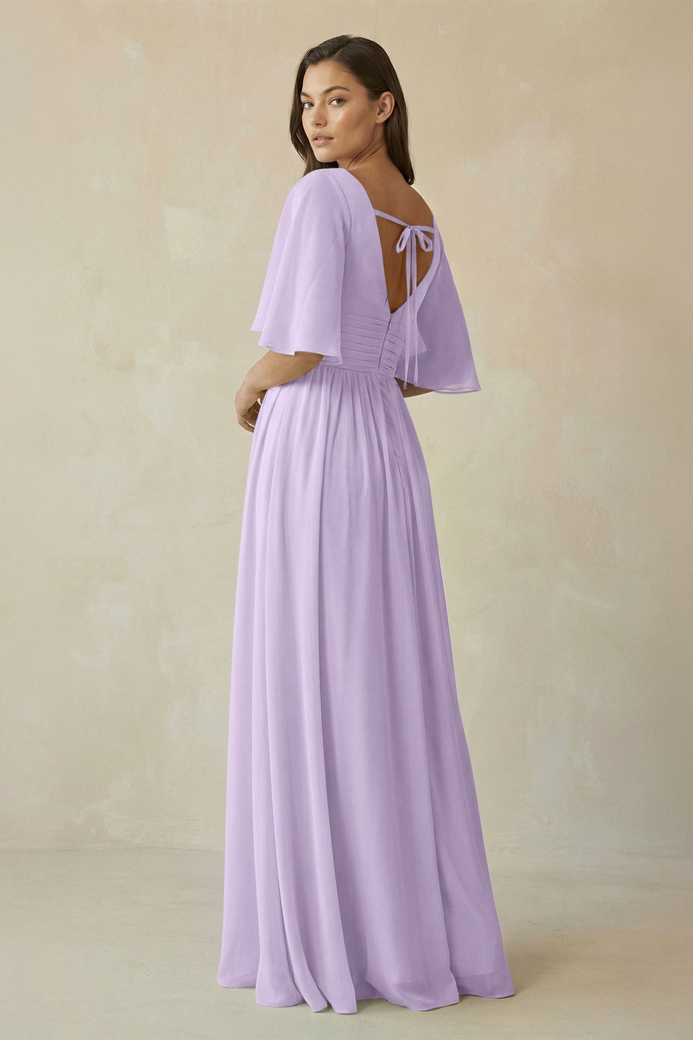 Half Sleeve V - Neck A - Line Chiffon Bridesmaid Gown in Lavender - SHE IS ME Bridesmaid Dresses
