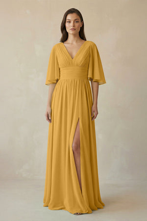 Half Sleeve V - Neck A - Line Chiffon Bridesmaid Gown in Marigold - SHE IS ME Bridesmaid Dresses