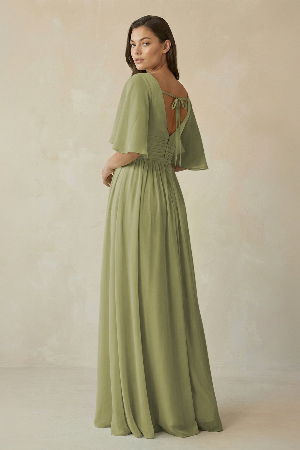 Half Sleeve V - Neck A - Line Chiffon Bridesmaid Gown in Moss Green - SHE IS ME Bridesmaid Dresses