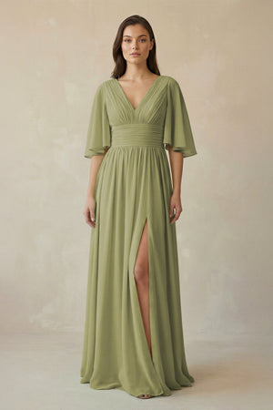 Half Sleeve V - Neck A - Line Chiffon Bridesmaid Gown in Moss Green - SHE IS ME Bridesmaid Dresses