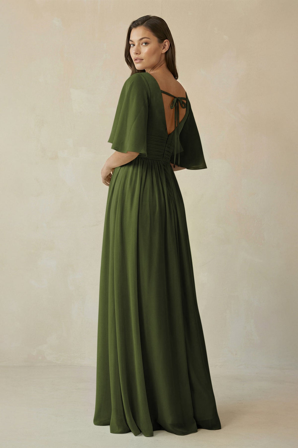 Half Sleeve V - Neck A - Line Chiffon Bridesmaid Gown in Olive - SHE IS ME Bridesmaid Dresses