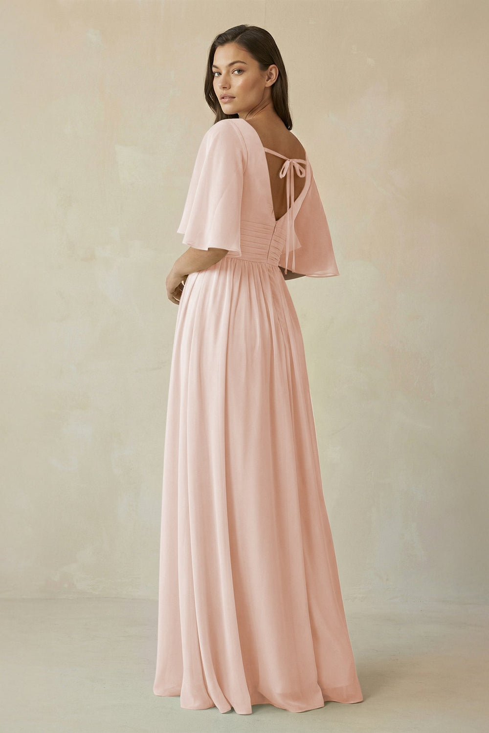 Half Sleeve V - Neck A - Line Chiffon Bridesmaid Gown in Pale Blush - SHE IS ME Bridesmaid Dresses