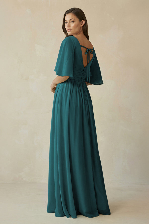 Half Sleeve V - Neck A - Line Chiffon Bridesmaid Gown in Pine - SHE IS ME Bridesmaid Dresses