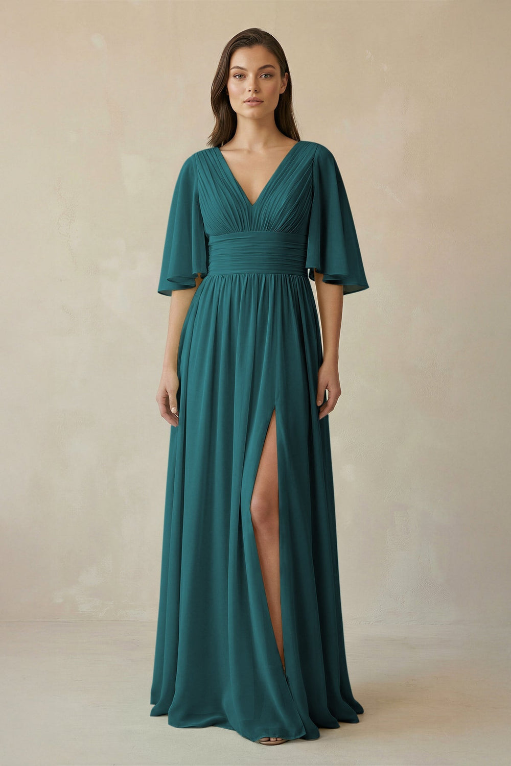 Half Sleeve V - Neck A - Line Chiffon Bridesmaid Gown in Pine - SHE IS ME Bridesmaid Dresses