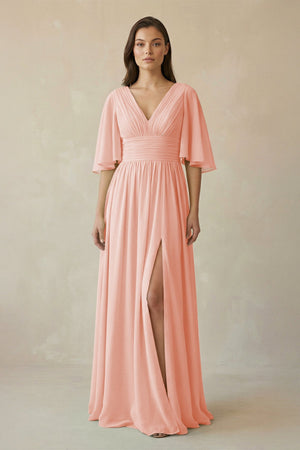 Half Sleeve V - Neck A - Line Chiffon Bridesmaid Gown in Rose Petal - SHE IS ME Bridesmaid Dresses