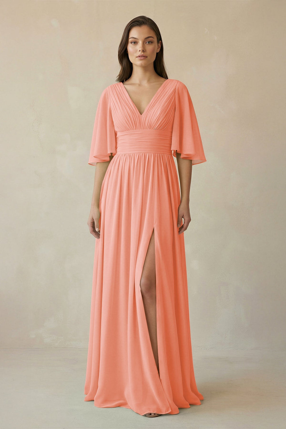 Half Sleeve V - Neck A - Line Chiffon Bridesmaid Gown in Rosette - SHE IS ME Bridesmaid Dresses