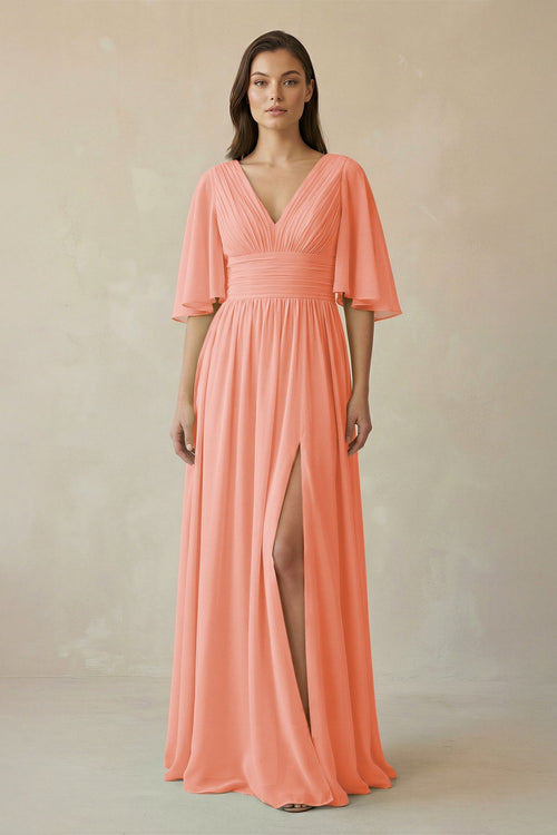 Half Sleeve V - Neck A - Line Chiffon Bridesmaid Gown in Rosette - SHE IS ME Bridesmaid Dresses