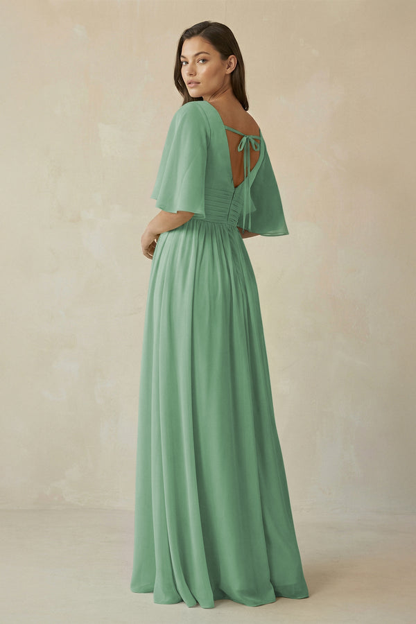 Half Sleeve V - Neck A - Line Chiffon Bridesmaid Gown in Sea Glass - SHE IS ME Bridesmaid Dresses