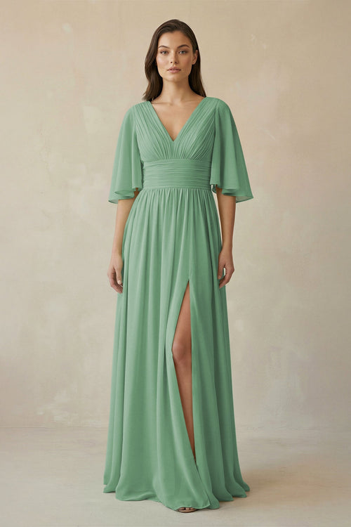 Half Sleeve V - Neck A - Line Chiffon Bridesmaid Gown in Sea Glass - SHE IS ME Bridesmaid Dresses