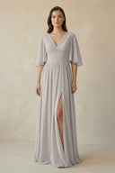 Half Sleeve V - Neck A - Line Chiffon Bridesmaid Gown in Silver - SHE IS ME Bridesmaid Dresses