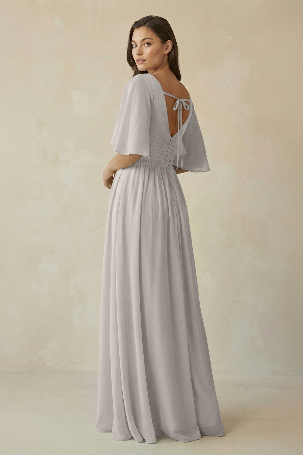 Half Sleeve V - Neck A - Line Chiffon Bridesmaid Gown in Silver - SHE IS ME Bridesmaid Dresses