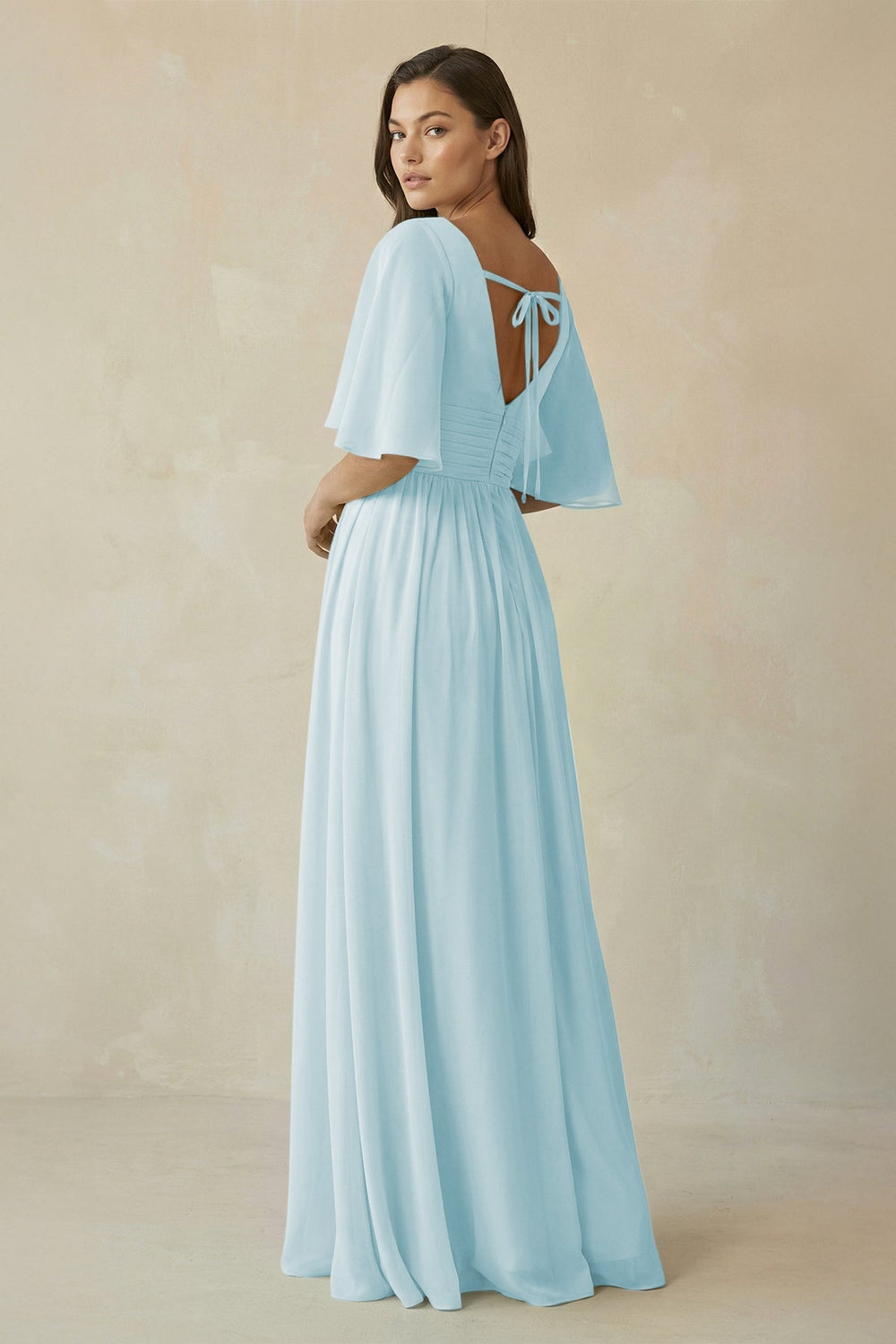 Half Sleeve V - Neck A - Line Chiffon Bridesmaid Gown in Sky Blue - SHE IS ME Bridesmaid Dresses