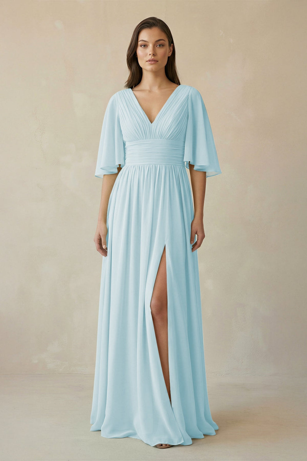 Half Sleeve V - Neck A - Line Chiffon Bridesmaid Gown in Sky Blue - SHE IS ME Bridesmaid Dresses