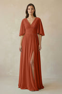 Half Sleeve V - Neck A - Line Chiffon Bridesmaid Gown in Spice - SHE IS ME Bridesmaid Dresses