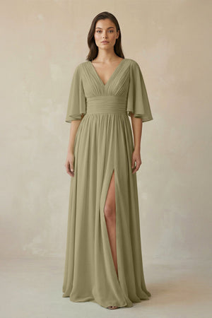 Half Sleeve V - Neck A - Line Chiffon Bridesmaid Gown in Thyme - SHE IS ME Bridesmaid Dresses