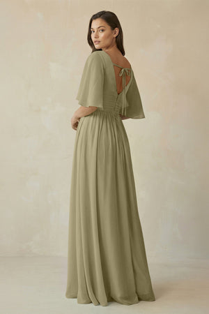 Half Sleeve V - Neck A - Line Chiffon Bridesmaid Gown in Thyme - SHE IS ME Bridesmaid Dresses