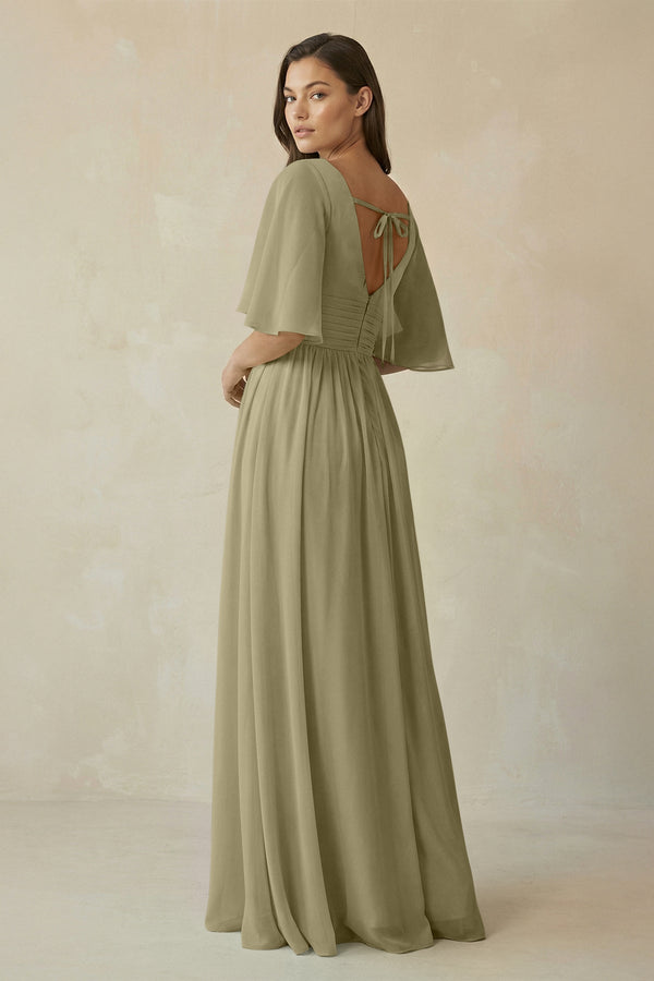 Half Sleeve V - Neck A - Line Chiffon Bridesmaid Gown in Thyme - SHE IS ME Bridesmaid Dresses