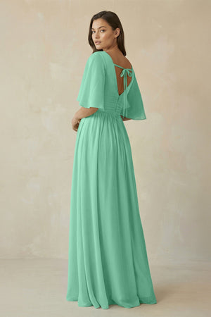 Half Sleeve V - Neck A - Line Chiffon Bridesmaid Gown in Turquoise - SHE IS ME Bridesmaid Dresses