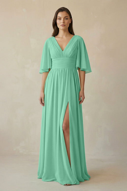 Half Sleeve V - Neck A - Line Chiffon Bridesmaid Gown in Turquoise - SHE IS ME Bridesmaid Dresses