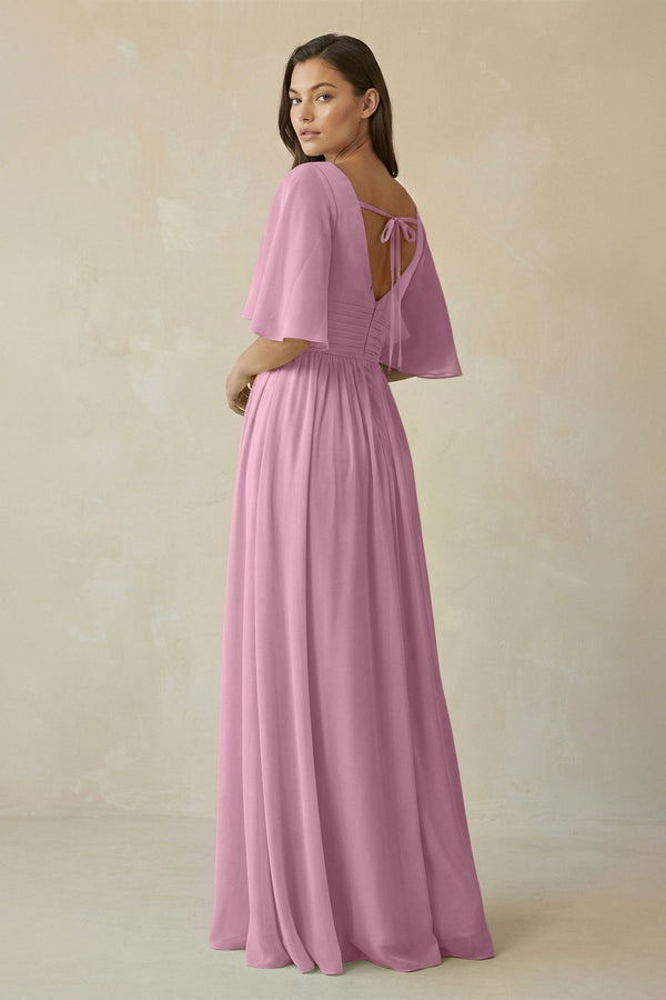 Half Sleeve V - Neck A - Line Chiffon Bridesmaid Gown in Vintage Mauve - SHE IS ME Bridesmaid Dresses