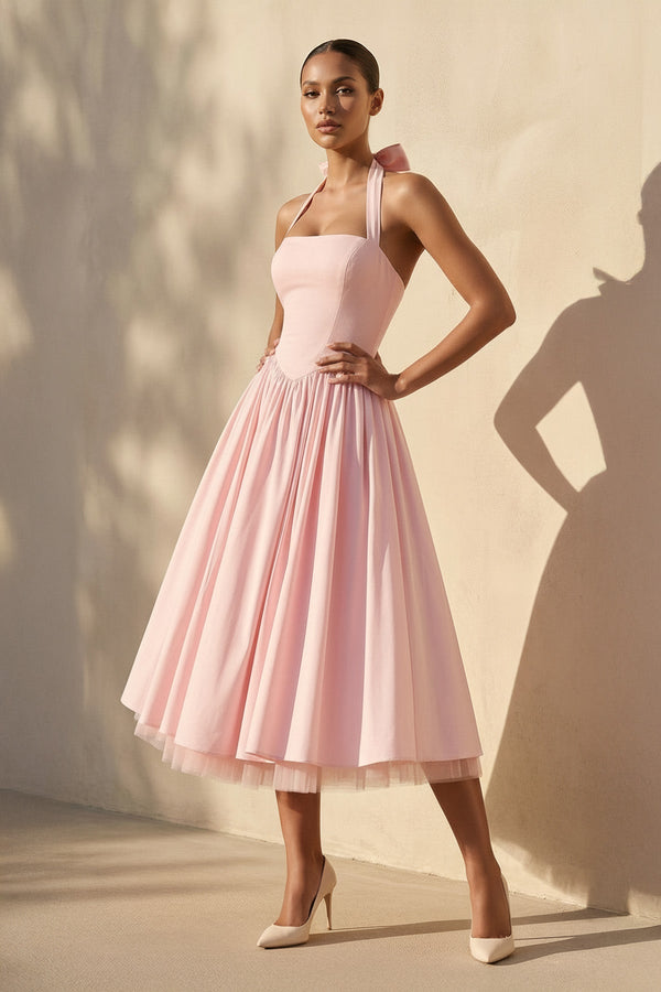 Halter Bow Midi Dress With Tulle Hem in Pink - SHE IS ME