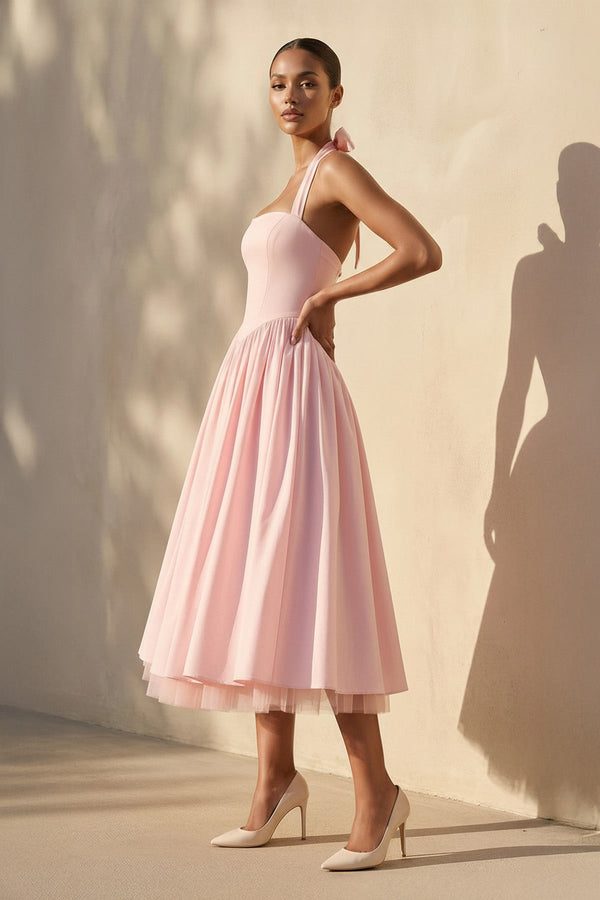 Halter Bow Midi Dress With Tulle Hem in Pink - SHE IS ME